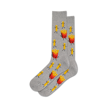 crew-length gray cotton blend socks with cartoon french fry pattern for men.  