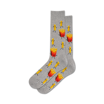 crew-length gray cotton blend socks with cartoon french fry pattern for men.  