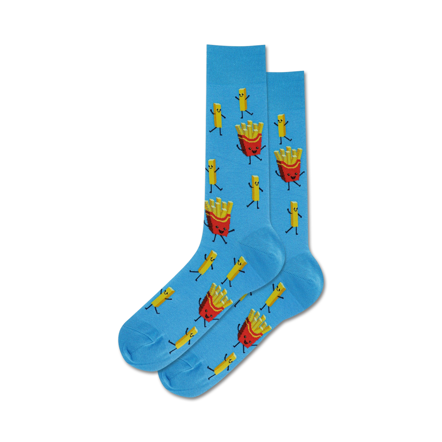 Lifestyle shot of a person wearing the blue french fry socks, showcasing how they look on feet.