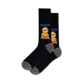 Pair of black crew socks featuring two sloths enjoying coffee mugs.  Grey cuffs, and 'Sloffee' text.