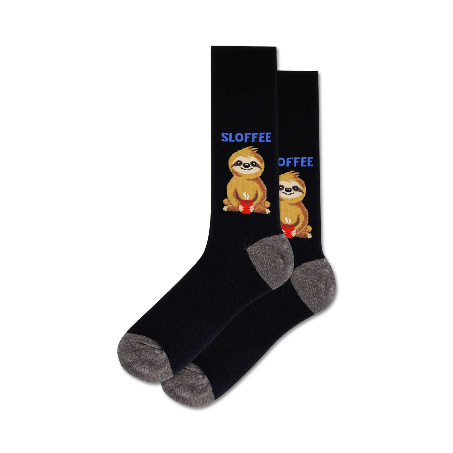 Pair of black crew socks featuring two sloths enjoying coffee mugs.  Grey cuffs, and 'Sloffee' text.