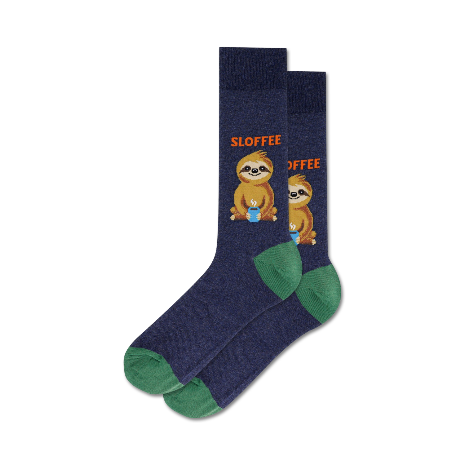 Lifestyle shot of Sloffee socks on a model's feet, showcasing the navy blue color option.