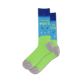 Pair of crew socks, lime green and blue, featuring a golf-themed design with the text 'I like big putts'.