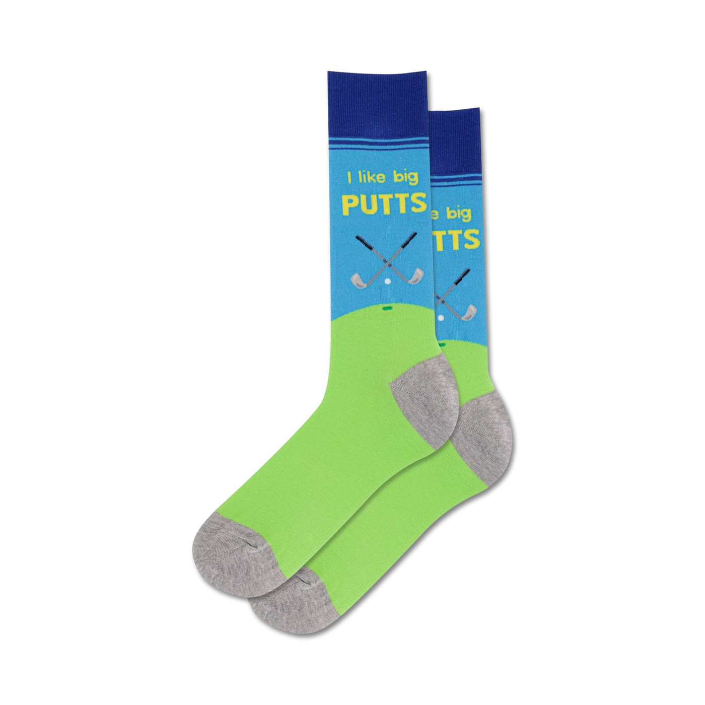 Pair of crew socks, lime green and blue, featuring a golf-themed design with the text 'I like big putts'.