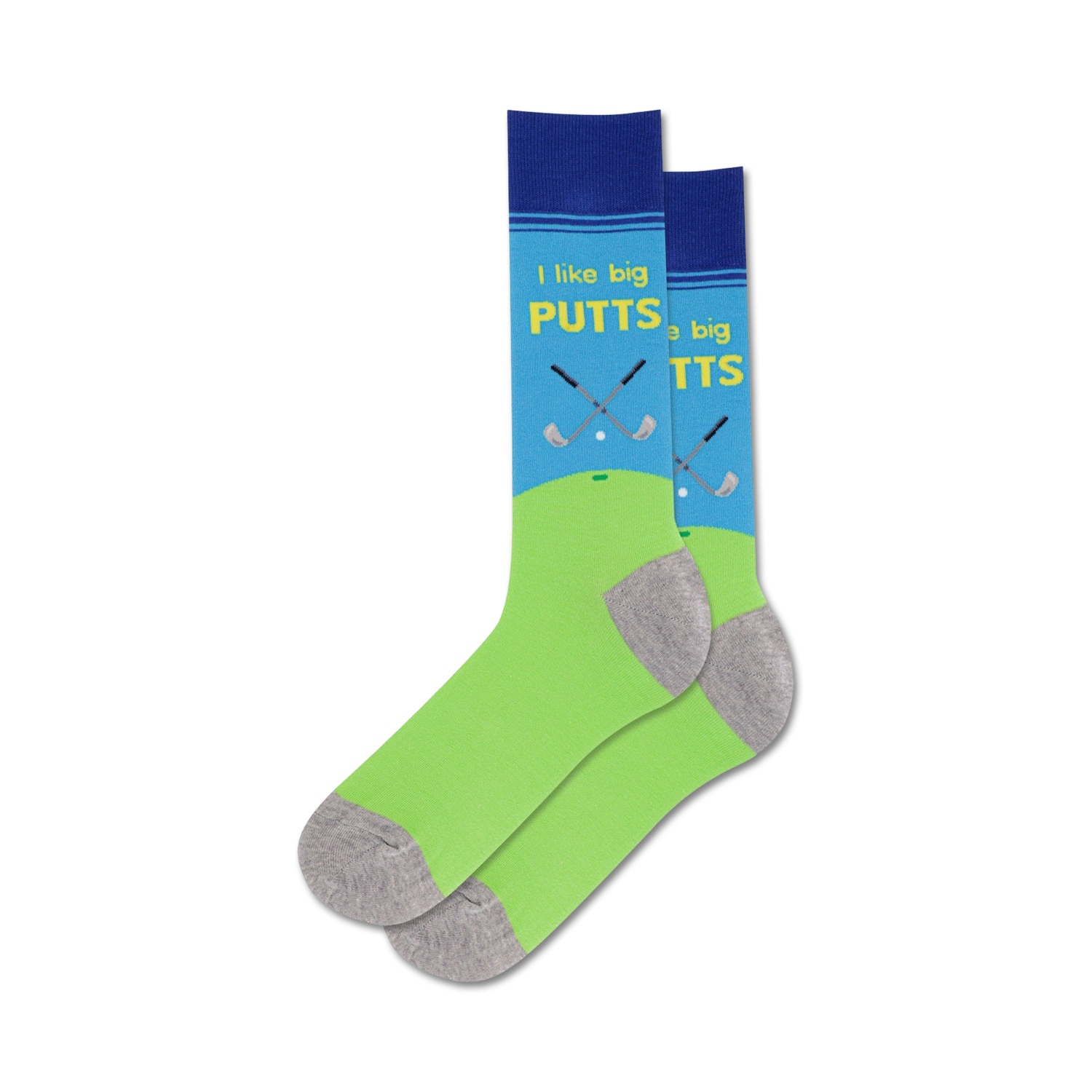 Pair of crew socks, lime green and blue, featuring a golf-themed design with the text 'I like big putts'.
