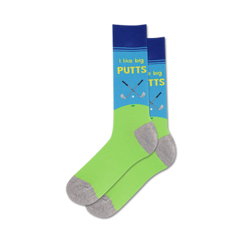 green and blue crew socks for men with 'i like big putts' text and a golf course with two golf clubs and two golf balls.   