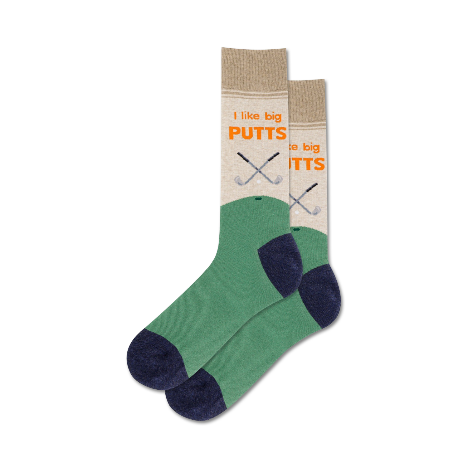 Lifestyle shot of the 'I Like Big Putts' socks on a person's feet; shows the socks in use.