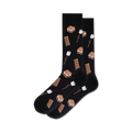 Pair of black crew socks with a fun s'mores pattern.  The design includes graham crackers, marshmallows, and chocolate bars.