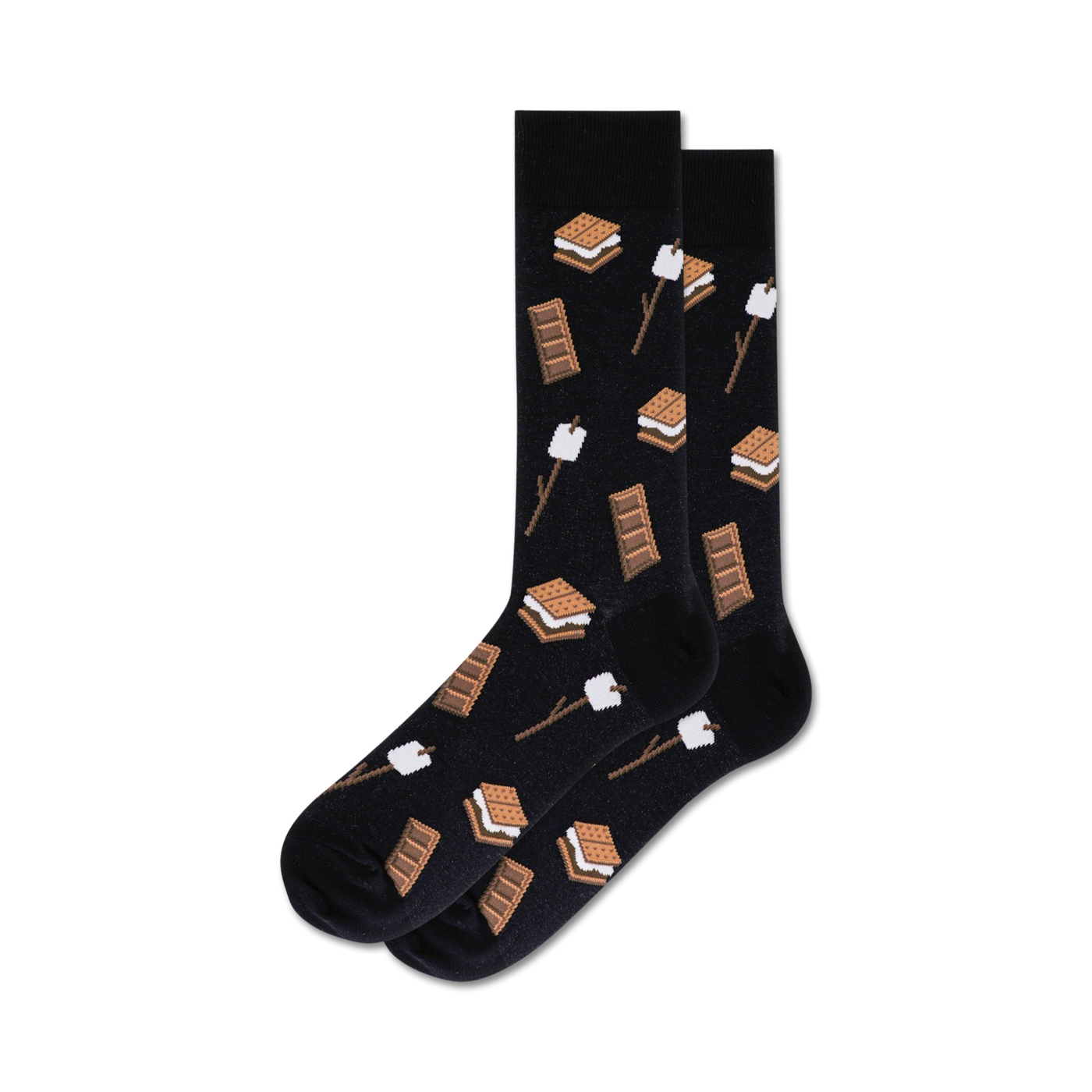 Pair of black crew socks with a fun s'mores pattern.  The design includes graham crackers, marshmallows, and chocolate bars.