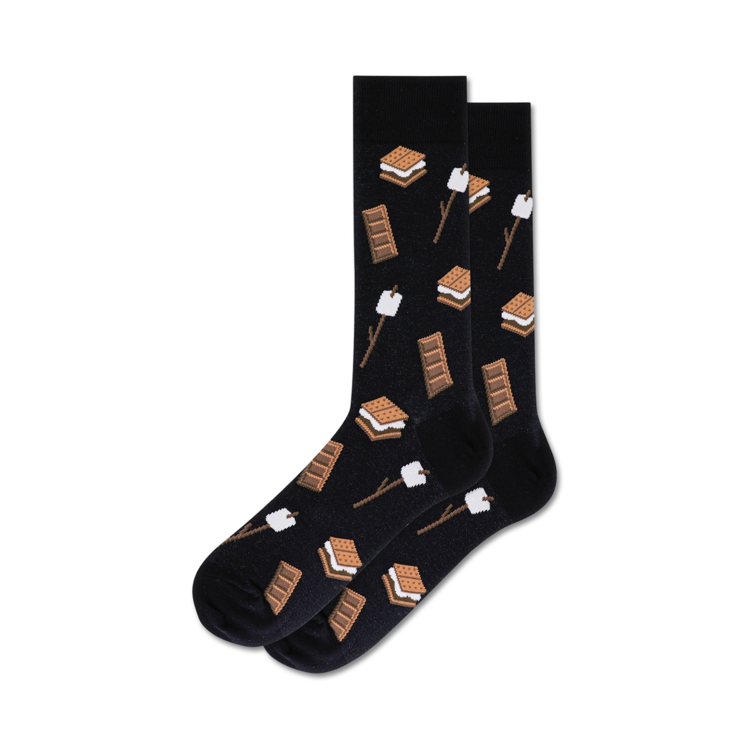Pair of black crew socks with a fun s'mores pattern.  The design includes graham crackers, marshmallows, and chocolate bars.
