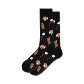 show off your love of smores with these black crew socks featuring a pattern of graham crackers, chocolate bars, and marshmallows.   