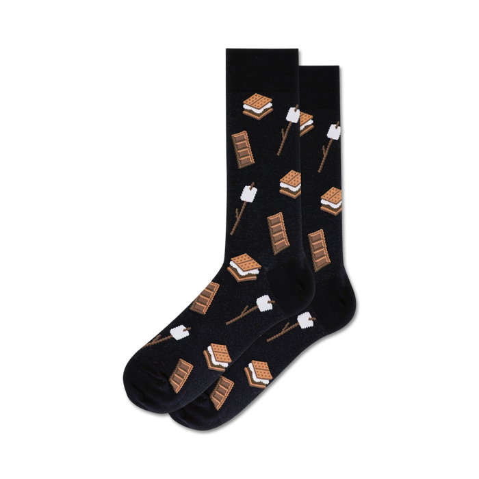 show off your love of smores with these black crew socks featuring a pattern of graham crackers, chocolate bars, and marshmallows.    }}