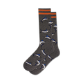 Pair of charcoal gray crew socks with orange stripes and a repeating pattern of blue and white marlin fish.