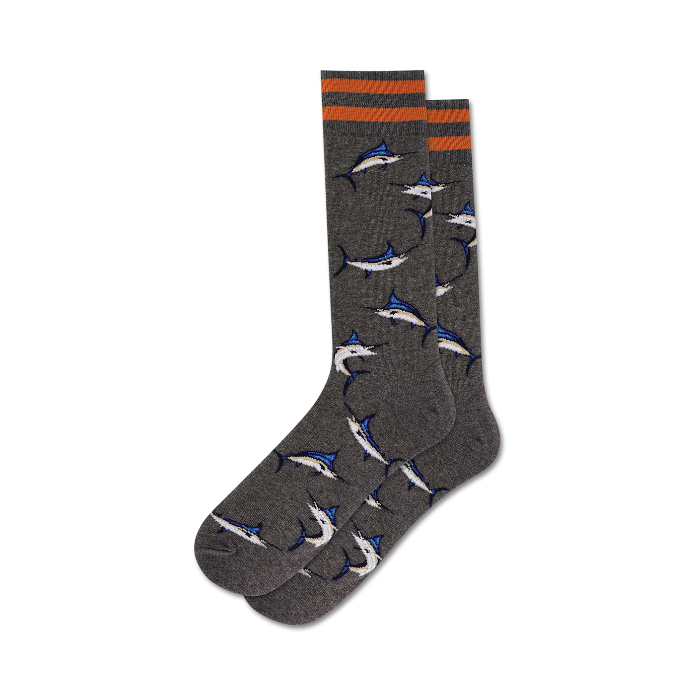 Pair of charcoal gray crew socks with orange stripes and a repeating pattern of blue and white marlin fish.