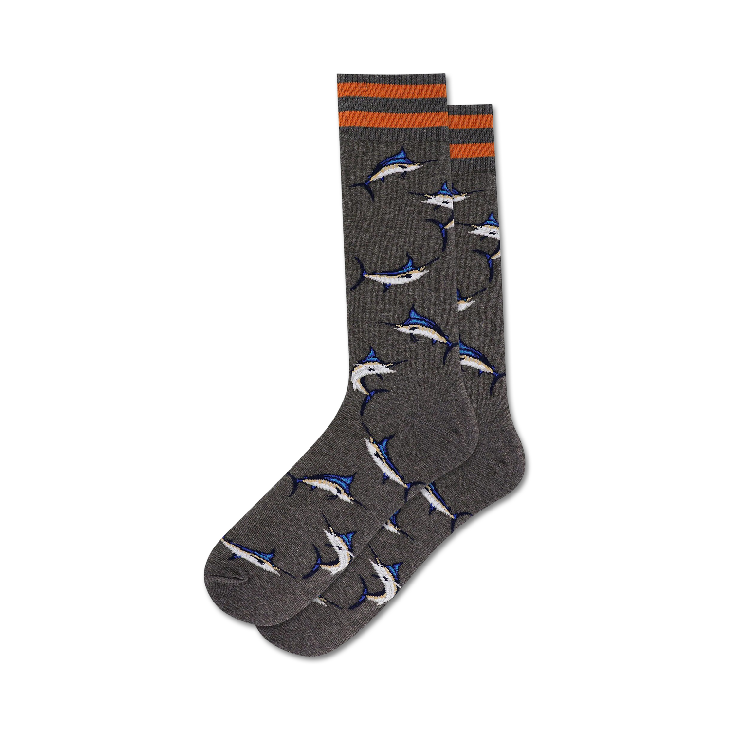 Pair of charcoal gray crew socks with orange stripes and a repeating pattern of blue and white marlin fish.