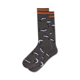 gray crew socks with blue marlin pattern. men's size. fun marlins design adds a touch of whimsy to any outfit.  