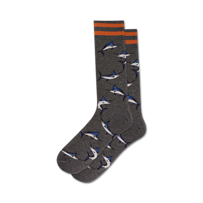 gray crew socks with blue marlin pattern. men's size. fun marlins design adds a touch of whimsy to any outfit.  