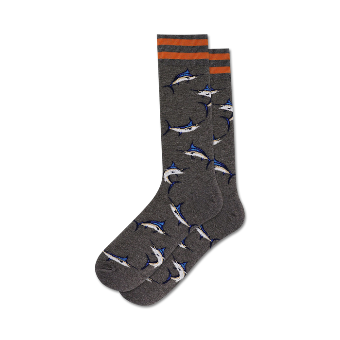 gray crew socks with blue marlin pattern. men's size. fun marlins design adds a touch of whimsy to any outfit.   }}