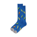 Pair of blue crew socks with a pattern of colorful kayaks. Kayaks are orange, green, and yellow.