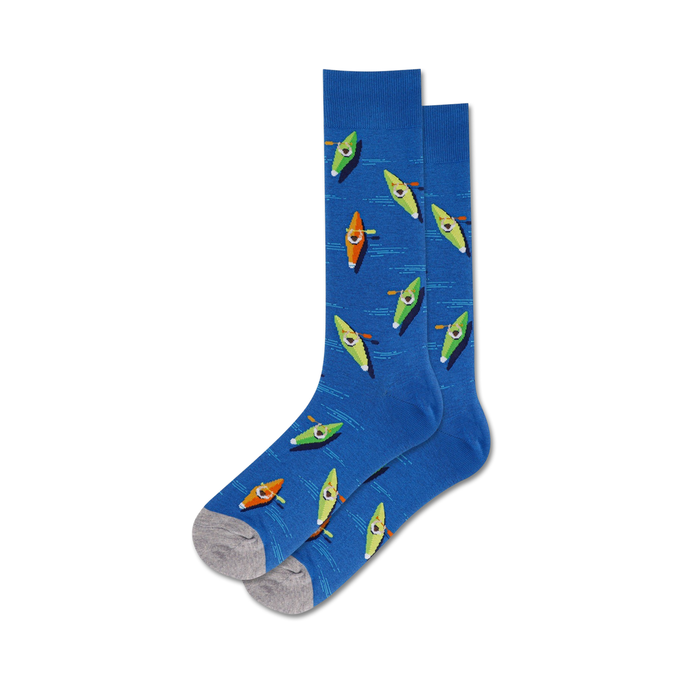 Pair of blue crew socks with a pattern of colorful kayaks. Kayaks are orange, green, and yellow.