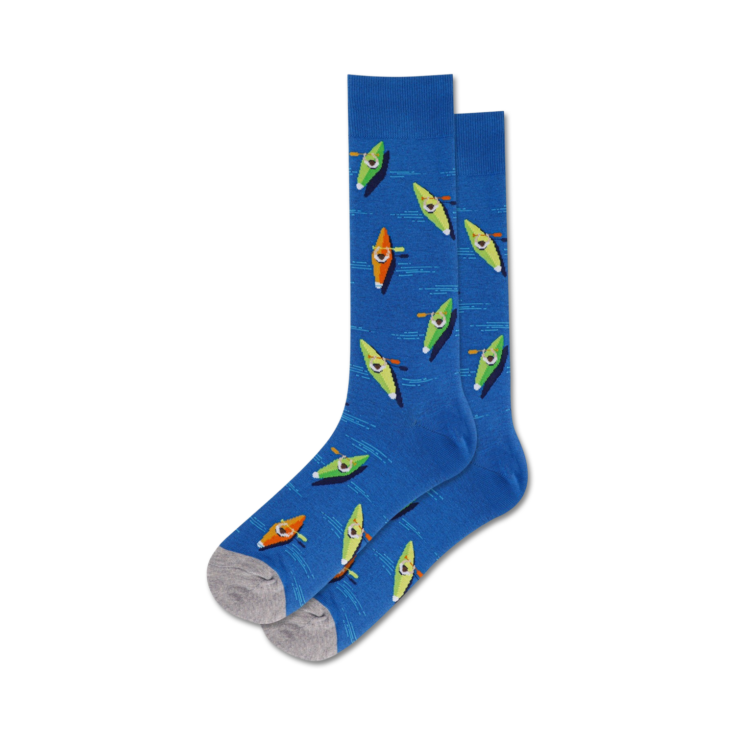 Pair of blue crew socks with a pattern of colorful kayaks. Kayaks are orange, green, and yellow.