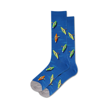 blue crew socks for men feature allover pattern of red, green, orange, and yellow kayaks   