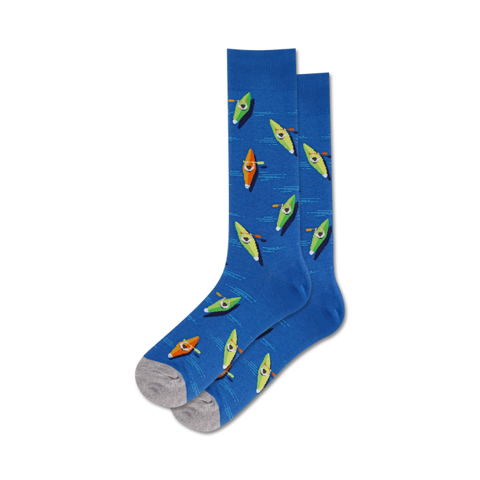 blue crew socks for men feature allover pattern of red, green, orange, and yellow kayaks    }}