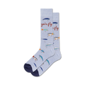 Pair of blue crew socks with a pattern of fishing lures and the phrase 'You're Fly'.