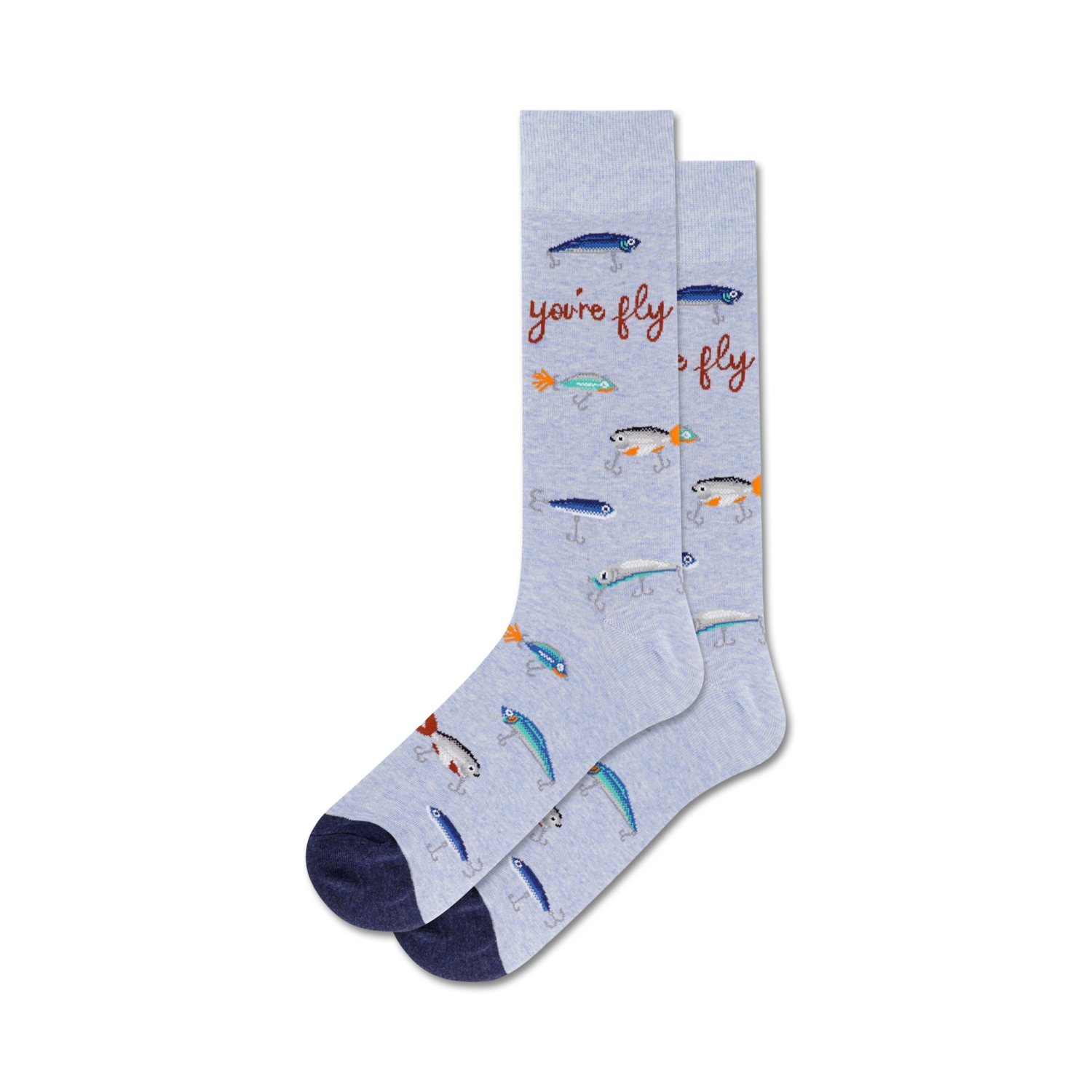 Pair of blue crew socks with a pattern of fishing lures and the phrase 'You're Fly'.