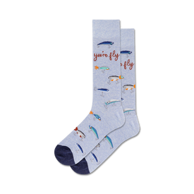 light blue crew socks with a pattern of fishing lures and fish. fly themed novelty socks for men. fun socks perfect for fishing enthusiasts.  