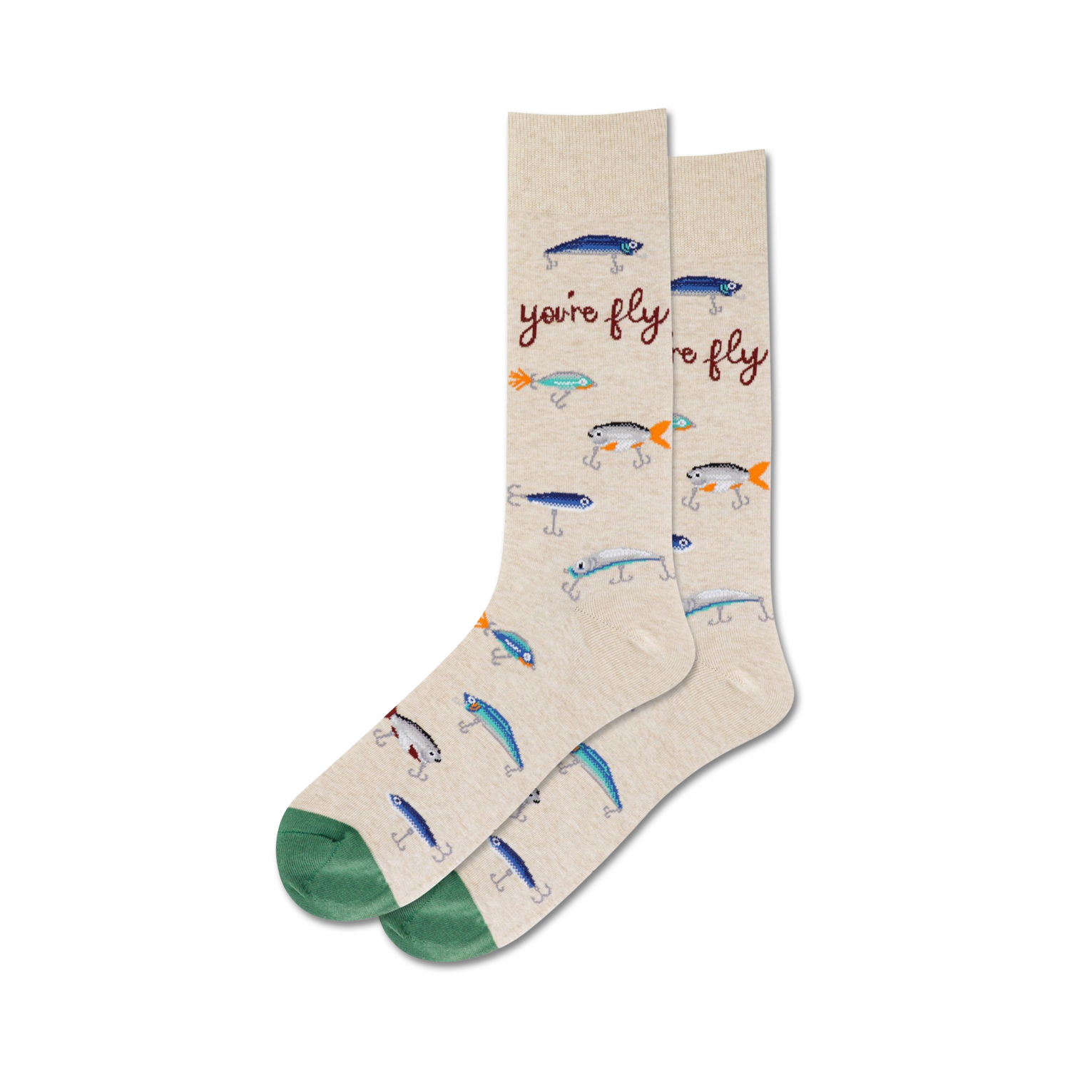 Lifestyle shot showing a person's feet wearing the beige 'You're Fly' socks.
