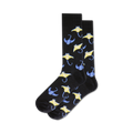 Pair of crew socks with a pattern of blue and yellow stingrays on a black background. Fun, quirky, and comfortable.