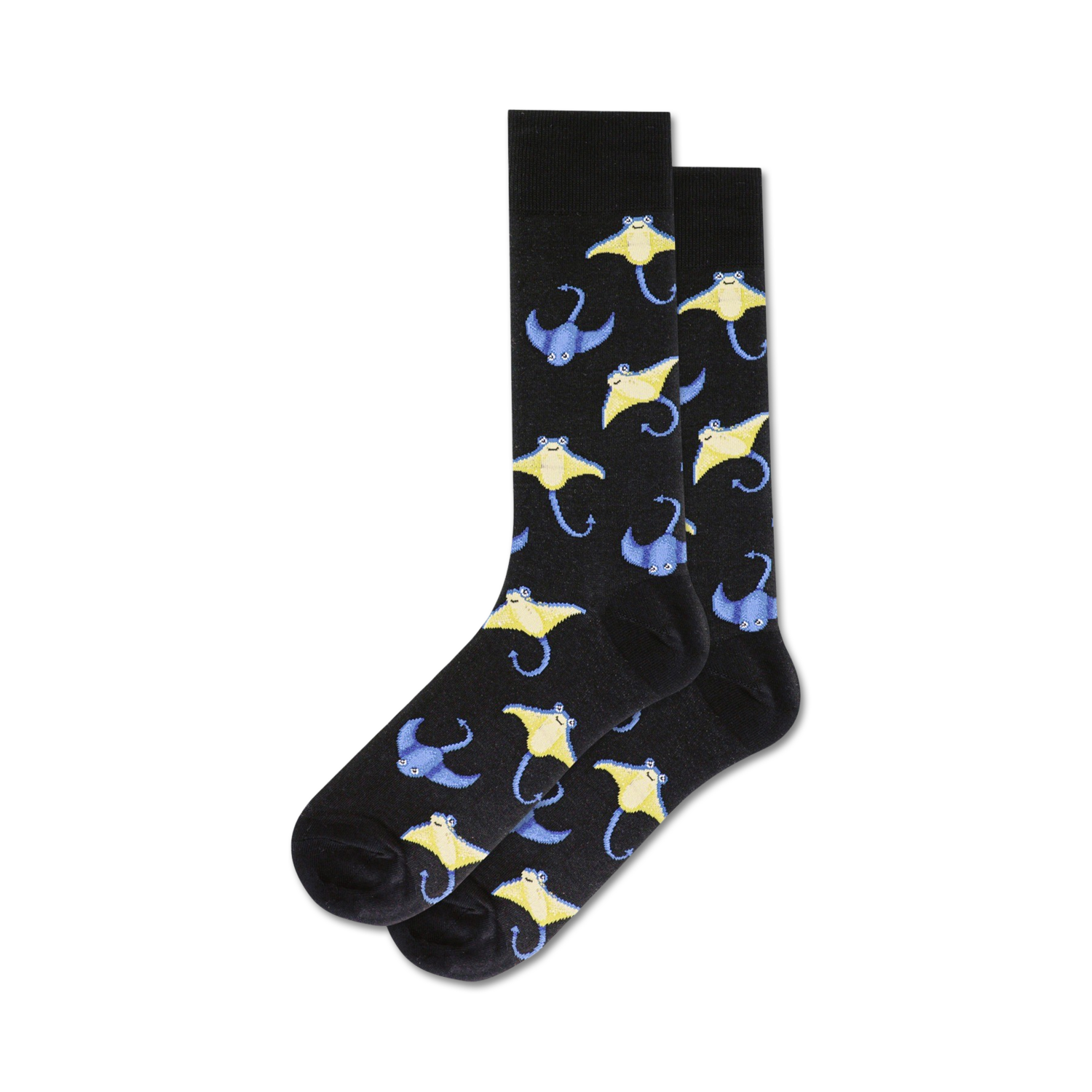 Pair of crew socks with a pattern of blue and yellow stingrays on a black background. Fun, quirky, and comfortable.