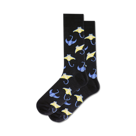 black crew socks with a pattern of blue and yellow sting rays designed for men.   