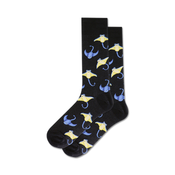 Pair of crew socks with a pattern of blue and yellow stingrays on a black background. Fun, quirky, and comfortable.