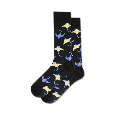 Pair of crew socks with a pattern of blue and yellow stingrays on a black background. Fun, quirky, and comfortable.
