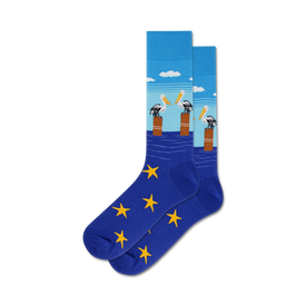 blue crew socks with a pattern of brown posts, pelicans, and yellow starfish. men's pelican socks   