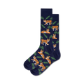 Pair of crew socks; navy blue and orange tigers with green leaves on a navy background