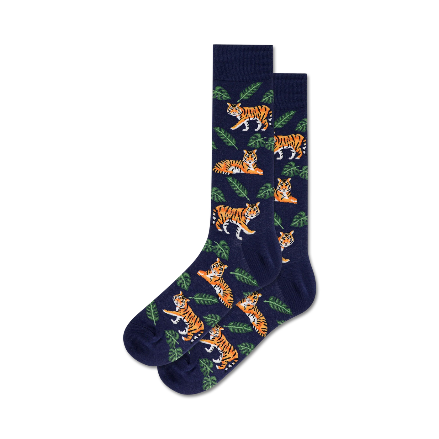 Pair of crew socks; navy blue and orange tigers with green leaves on a navy background