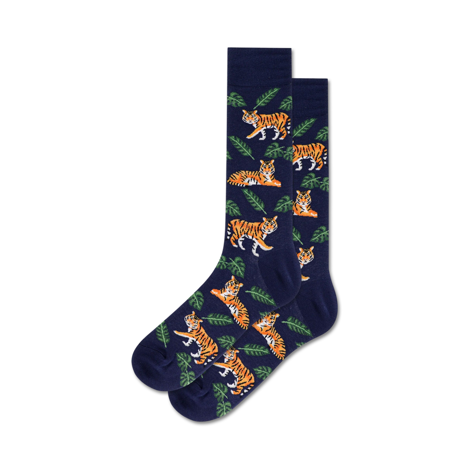 Pair of crew socks; navy blue and orange tigers with green leaves on a navy background