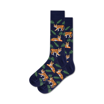 dark blue crew socks with a vibrant tiger and green leaves pattern.  
