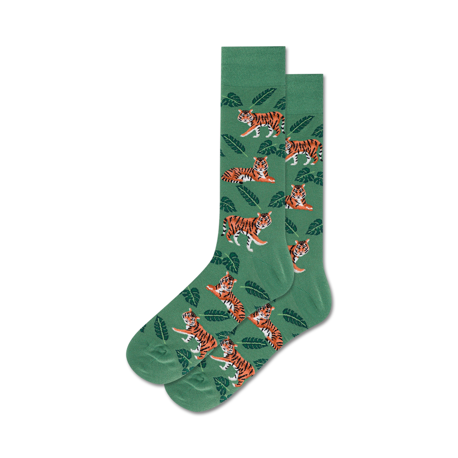 Lifestyle shot of the green Tigers socks on a model's feet.