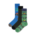 Three crew socks: blue with ATV graphic, black and white striped, green with dirt bike pattern.