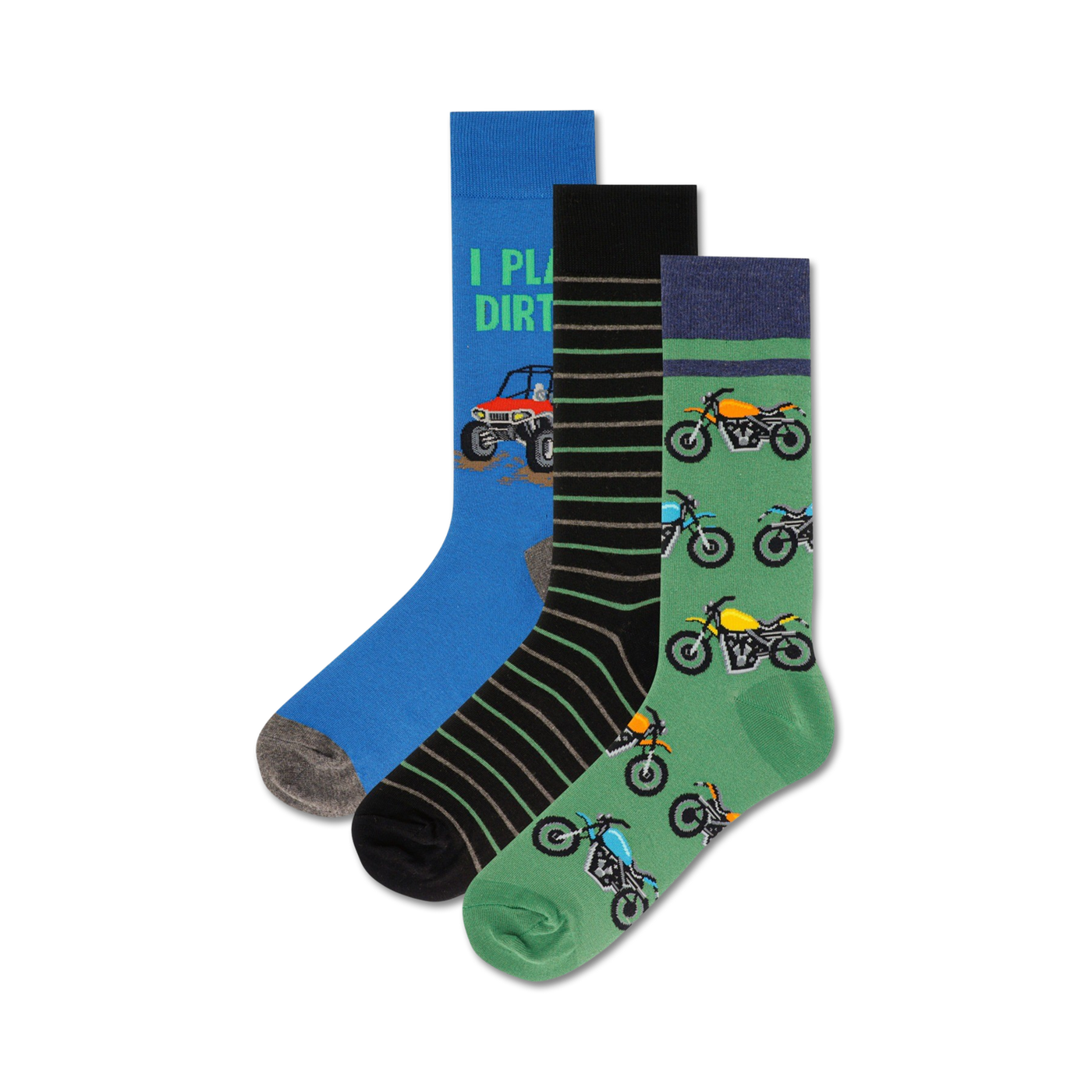 Three crew socks: blue with ATV graphic, black and white striped, green with dirt bike pattern.