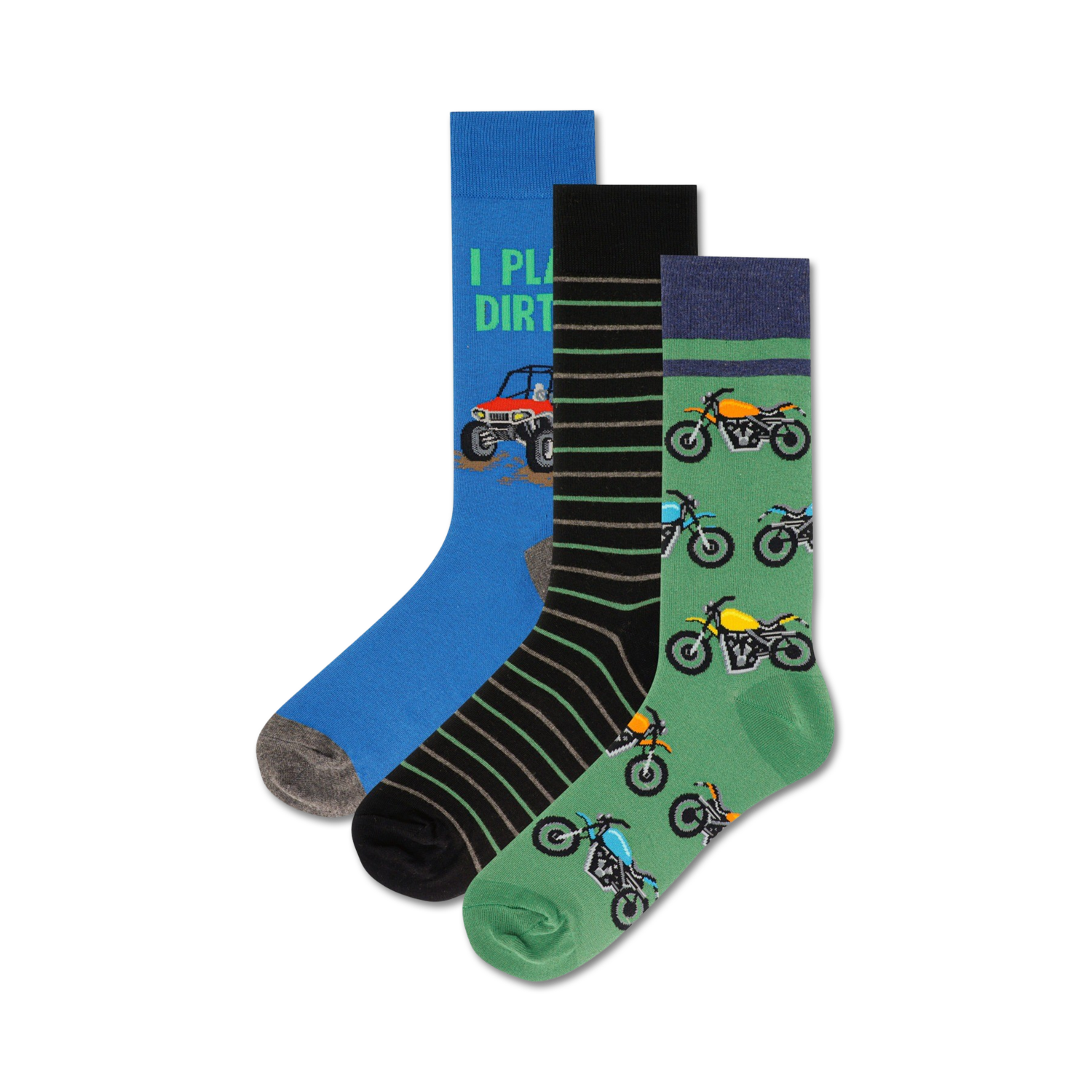 Three crew socks: blue with ATV graphic, black and white striped, green with dirt bike pattern.