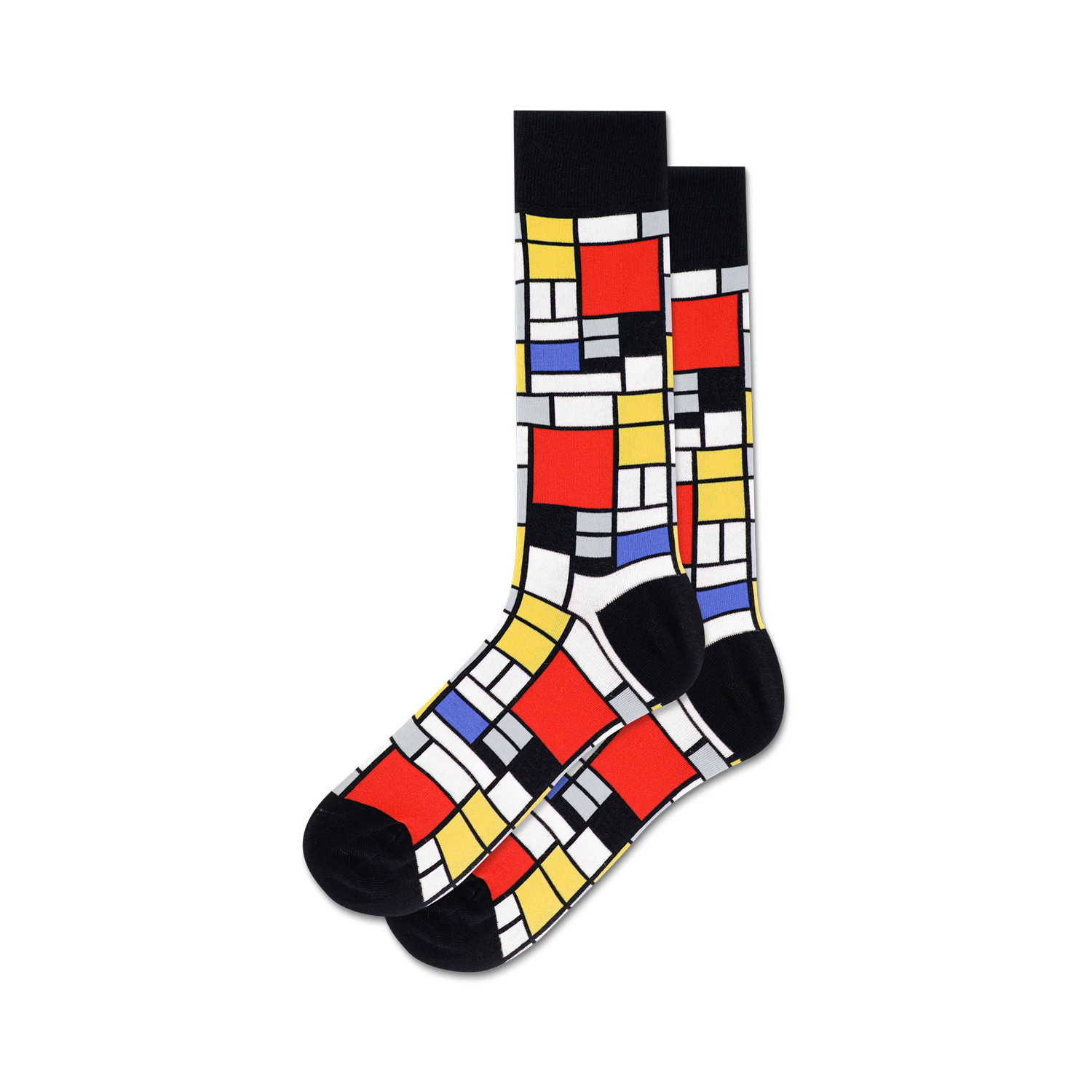Pair of crew socks in red, yellow, black, and blue, featuring a Mondrian-inspired geometric design.