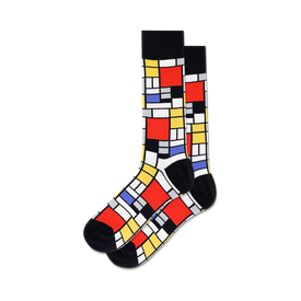 geometric mondrian-inspired red, blue, yellow, and black blocks on white background. crew socks for men.  