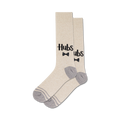 Pair of beige crew socks with a playful 'Hubs' text design and small bow ties. Grey accents at the cuff and sole.