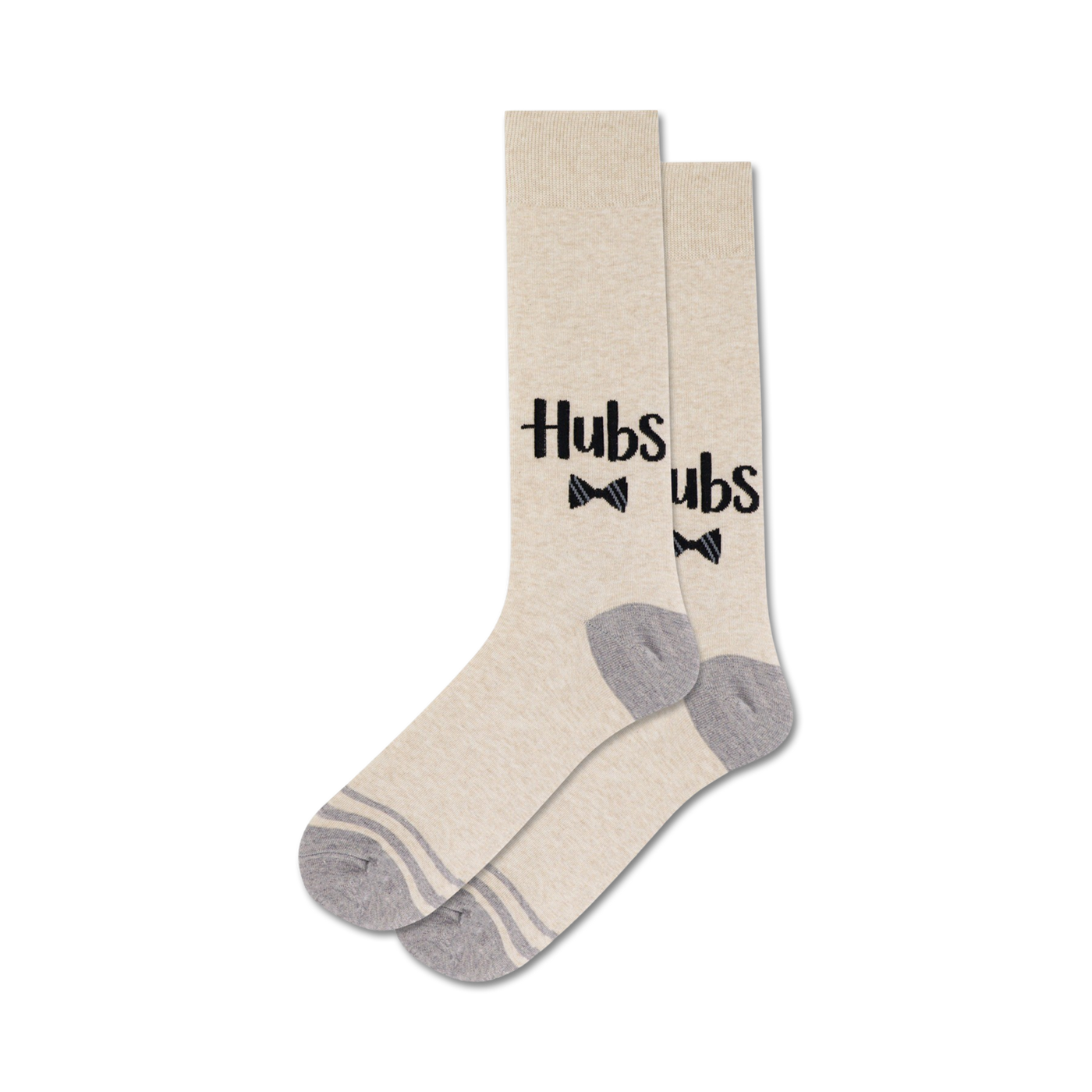 Pair of beige crew socks with a playful 'Hubs' text design and small bow ties. Grey accents at the cuff and sole.