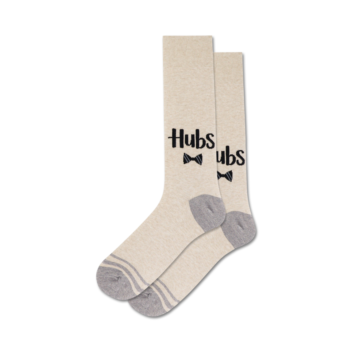 Pair of beige crew socks with a playful 'Hubs' text design and small bow ties. Grey accents at the cuff and sole.